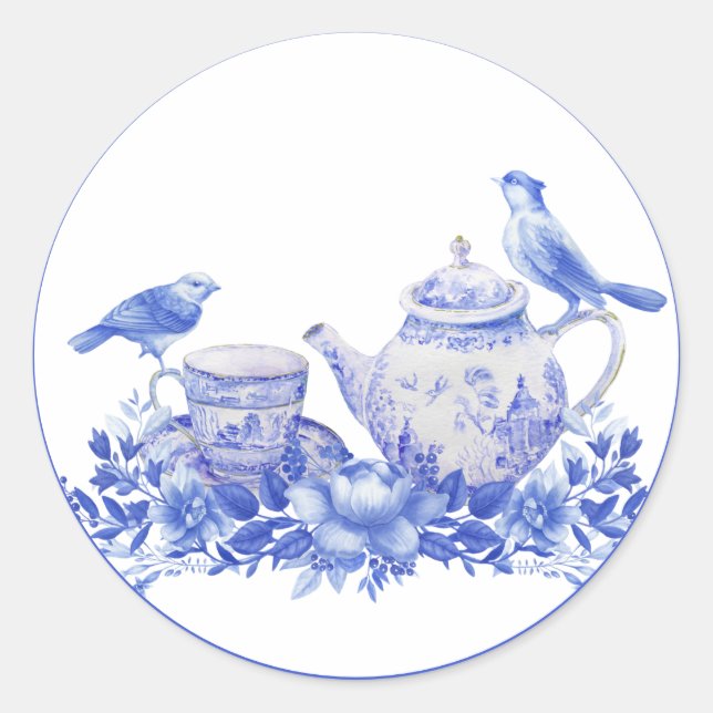 Sticker Rond Pot à thé floral bleu et blanc avec oiseaux (Devant)