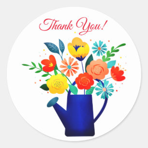 Sticker Rond Pot d'arrosage bleu et fleurs rouges jaunes