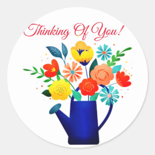 Sticker Rond Pot d'arrosage bleu et fleurs rouges jaunes