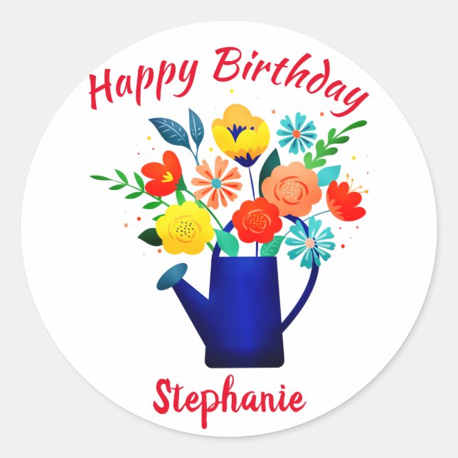 Sticker Rond Pot d'arrosage bleu Fleur rouge jaune Joyeux anniv (Devant)