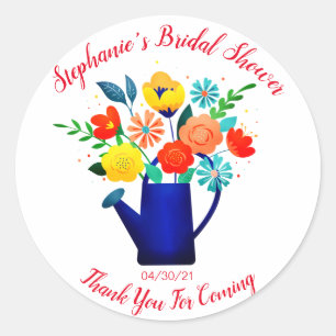 Sticker Rond Pot d'arrosage bleu Fleurs rouges jaunes Shower de