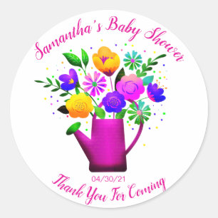 Sticker Rond Pot d'arrosage rose et Baby shower de fleurs rose 