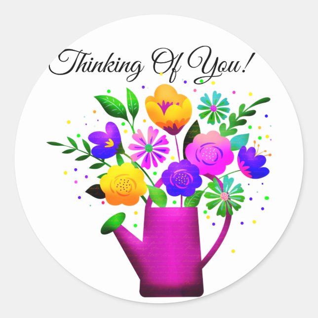 Sticker Rond Pot d'arrosage rose et Fleurs roses jaunes (Devant)