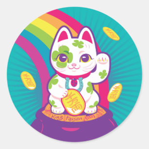 Sticker Rond Pot de bonne chance de Maneki Neko de chat d'or