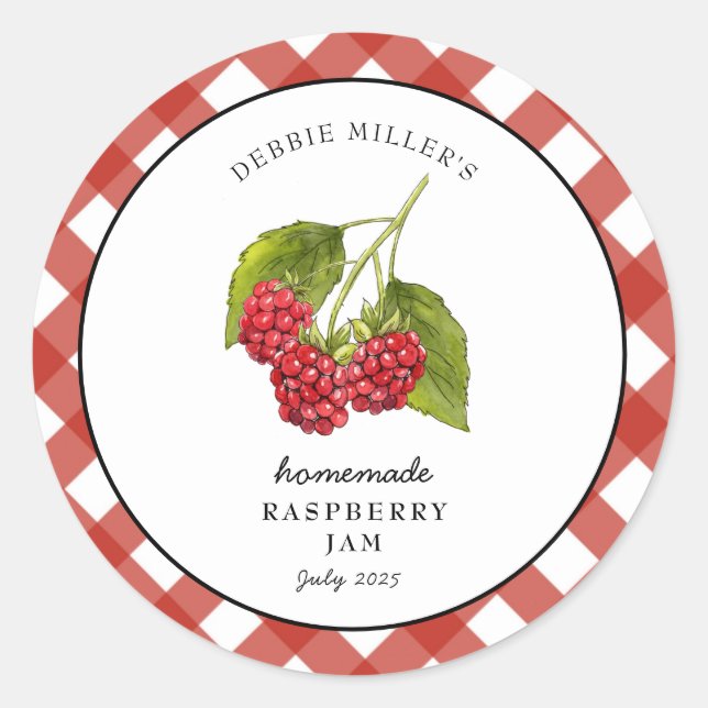 Sticker Rond Pot de confiture de framboise à carreaux gingham  (Devant)
