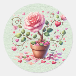 Sticker Rond Pot de fleurs rose roses Valentine