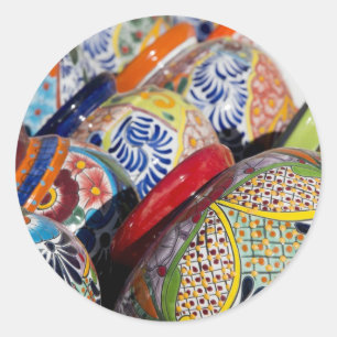 Sticker Rond Poterie traditionnelle mexicaine colorée peinte 