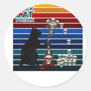 Sticker Rond Potion de Chat Noir Magique Art Rétro de Crâne