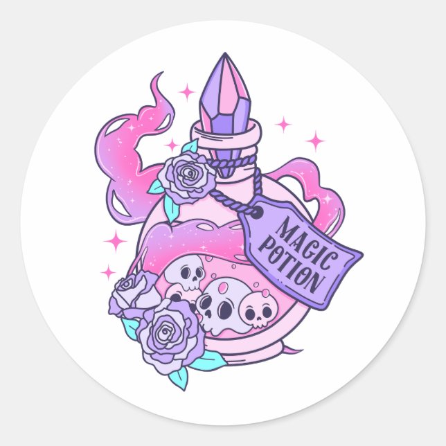 Sticker Rond Potion magique Cute Rose Halloween Potion bouteill (Devant)