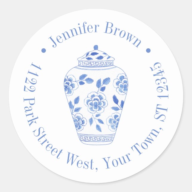 Sticker Rond Pots de gingembre bleu et blanc Prépa Adresse de r (Devant)