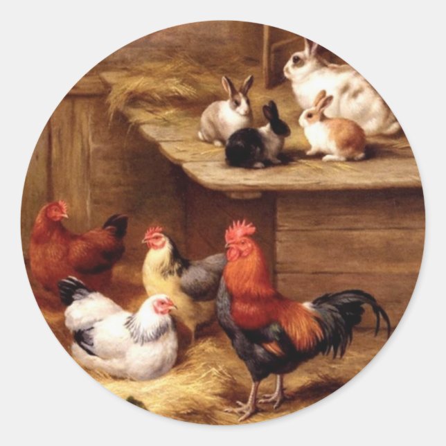 Sticker Rond Poules de coq lapin animaux de ferme lapins (Devant)
