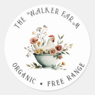 Sticker Rond Poulet à l'aquarelle Ferme Florale Familiale
