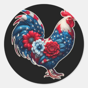 Sticker Rond Poulet Patriotique 4 Juillet Drapeau Usa Floral Ch