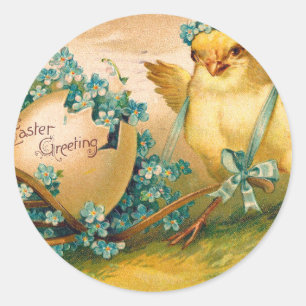 Sticker Rond Poulet vintage avec chariot d'oeufs de Pâques