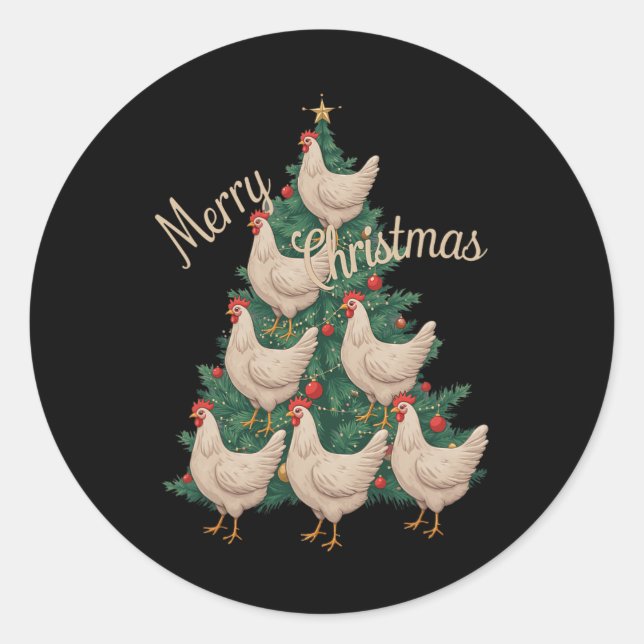 Sticker Rond Poulets de Noël Arbre drôle Poulets de Noël Arbre  (Devant)