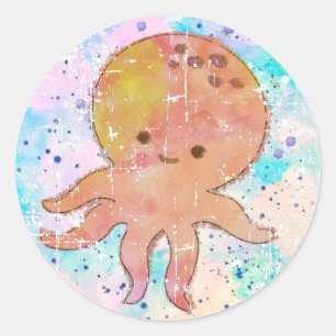 Sticker Rond Poulpe Mignon Dessin Animé Aquarelle Vintage en Di