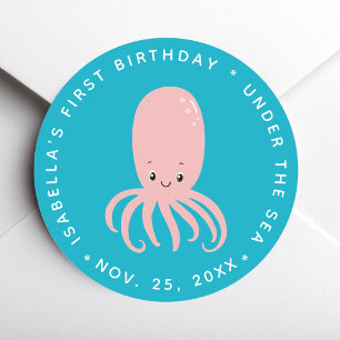 Sticker Rond Poulpe Rose Mignon Sous la Mer 1er Anniversaire Bl