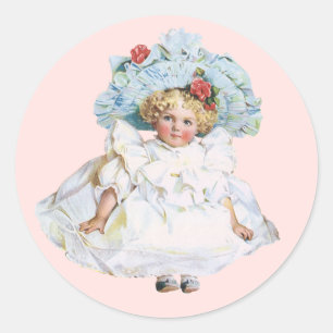 Sticker Rond Poupée bébé fille victorienne vintage, chapeau de