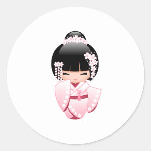Sticker Rond Poupée blanche Kimono Kokeshi - mignonne Geisha Gi
