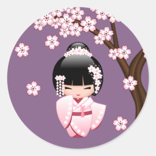 Sticker Rond Poupée blanche Kimono Kokeshi - mignonne Geisha Gi