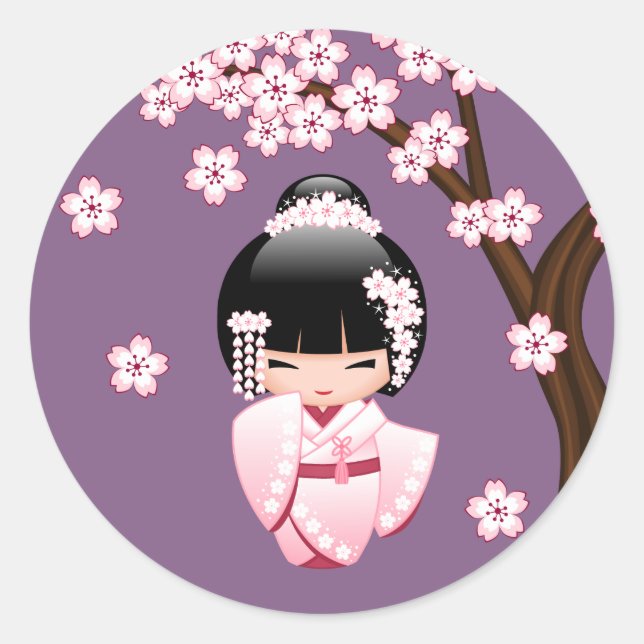 Sticker Rond Poupée blanche Kimono Kokeshi - mignonne Geisha Gi (Devant)