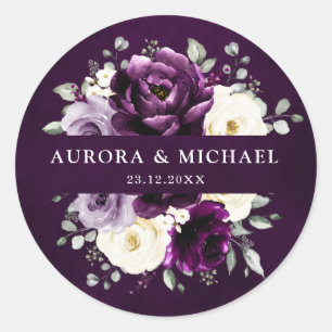 Sticker Rond Poupée d'aubergine Plum Ivory Blanc Floral Mariage