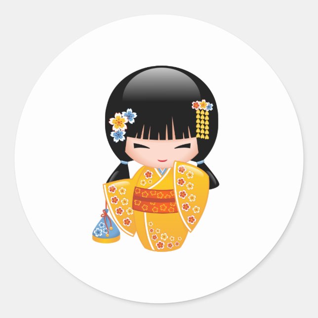 Sticker Rond Poupée d'été Kokeshi - Kimono Jaune Geisha Girl (Devant)