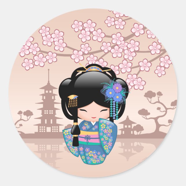 Sticker Rond Poupée Keiko Kokeshi - Blue Kimono Geisha Girl (Devant)