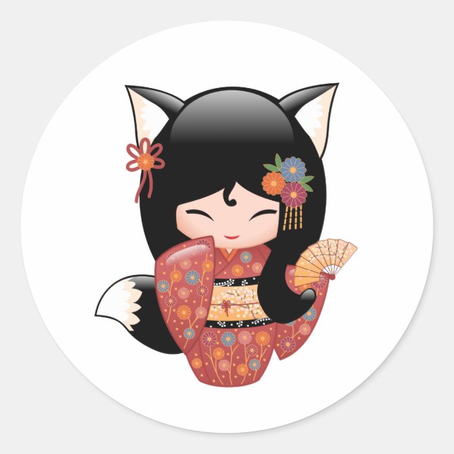 Sticker Rond Poupée Kitsune Kokeshi - Fille Black Fox (Devant)