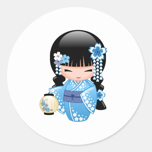 Sticker Rond Poupée Kokeshi d'hiver - Cute Japonaise Geisha Gir (Devant)