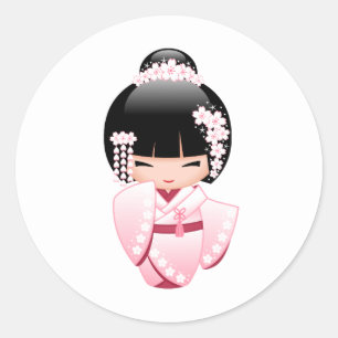Sticker Rond Poupée Kokeshi Kimono Rose Kawaii