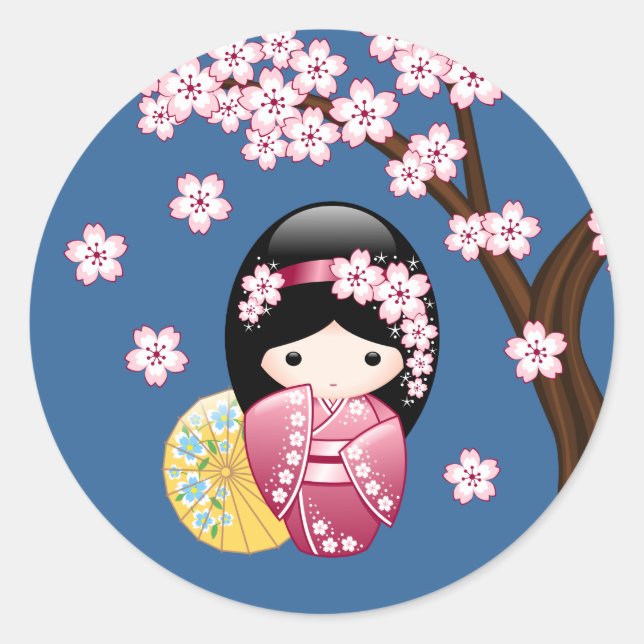 Sticker Rond Poupée Kokeshi Printemps - Cute Geisha Japonaise s (Devant)