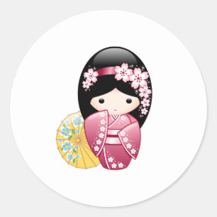 Sticker Rond Poupée Kokeshi Printemps - Cute Japonaise Geisha G