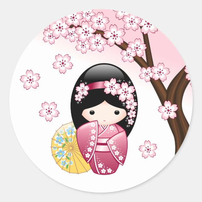 Sticker Rond Poupée Kokeshi Printemps - Cute Japonaise Geisha G (Devant)