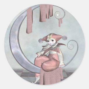 Sticker Rond Poupée rose de clown de Pierrot sur une lune