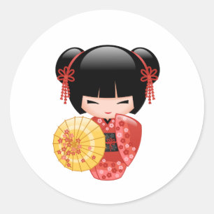 Sticker Rond Poupée Rouge Sakura Kokeshi - Cute Japonaise Geish