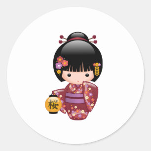 Sticker Rond Poupée Sakura Kokeshi - Geisha Girl sur blanc