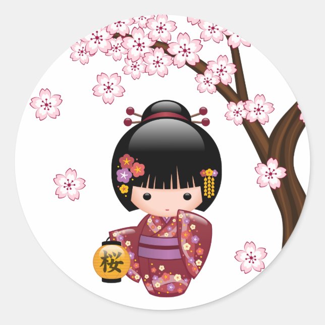 Sticker Rond Poupée Sakura Kokeshi - jolie fille japonaise Geis (Devant)