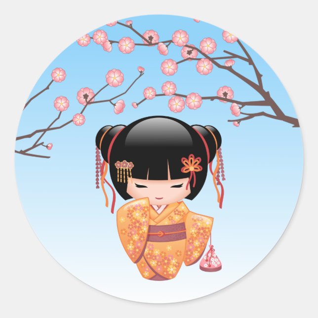 Sticker Rond Poupée Ume Kokeshi - Japonaise Geisha Girl Blue (Devant)
