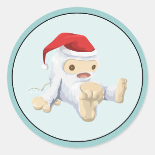 Sticker Rond Poupée Yeti de Noël portant un chapeau de Père Noë