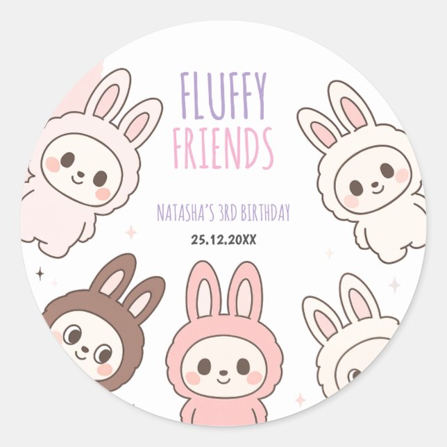 Sticker Rond Poupées Fluffées Pastel Bunny à thème Anniversaire (Devant)