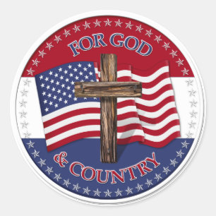 Sticker Rond Pour Dieu et le pays - Croix avec 50 étoiles Drape