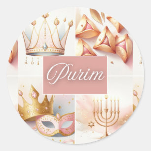 Sticker Rond Pourim juif Esther rose or aquarelle mignon