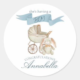 Sticker Rond Poussette vintage bleue et lapin bébé GARÇON