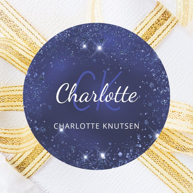 Sticker Rond Poussière de paillettes bleues monogramme nom (Créateur téléchargé)