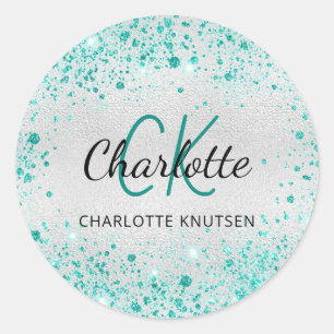 Sticker Rond Poussière de paillettes sarcelle argentée monogram