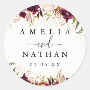 Sticker Rond Poussière dorée Bourgogne Floral Mariage Aquarelle