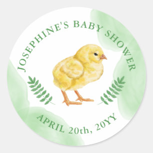 Sticker Rond Poussin jaune aquarelle avec Baby Shower vert