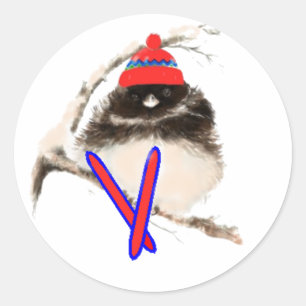 Sticker Rond Poussin mignon, ski, ski, petits sports d'oiseau