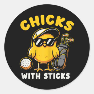Sticker Rond Poussins Avec Bâtons Golfer Girl Golf Club Gol